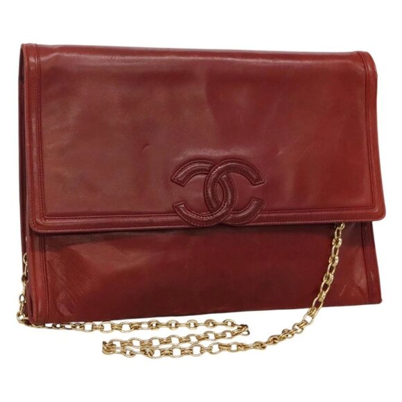 CHANEL Chain Shoulder Bag Lamb Skin Red Gold - Picture 1 of 16
